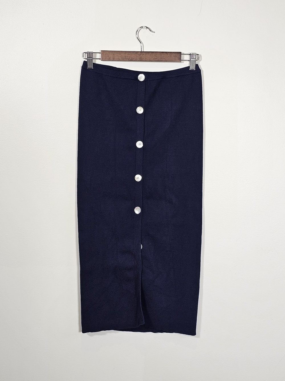 FRNCH Navy Blue Pencil Skirt w/ Pearl Shell Buttons Sz M